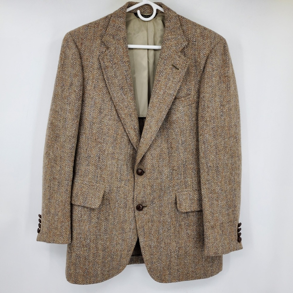 Jos A Bank Harris Tweed Blazer Mens Brown Herringbone Scottish Wool Sport Coat